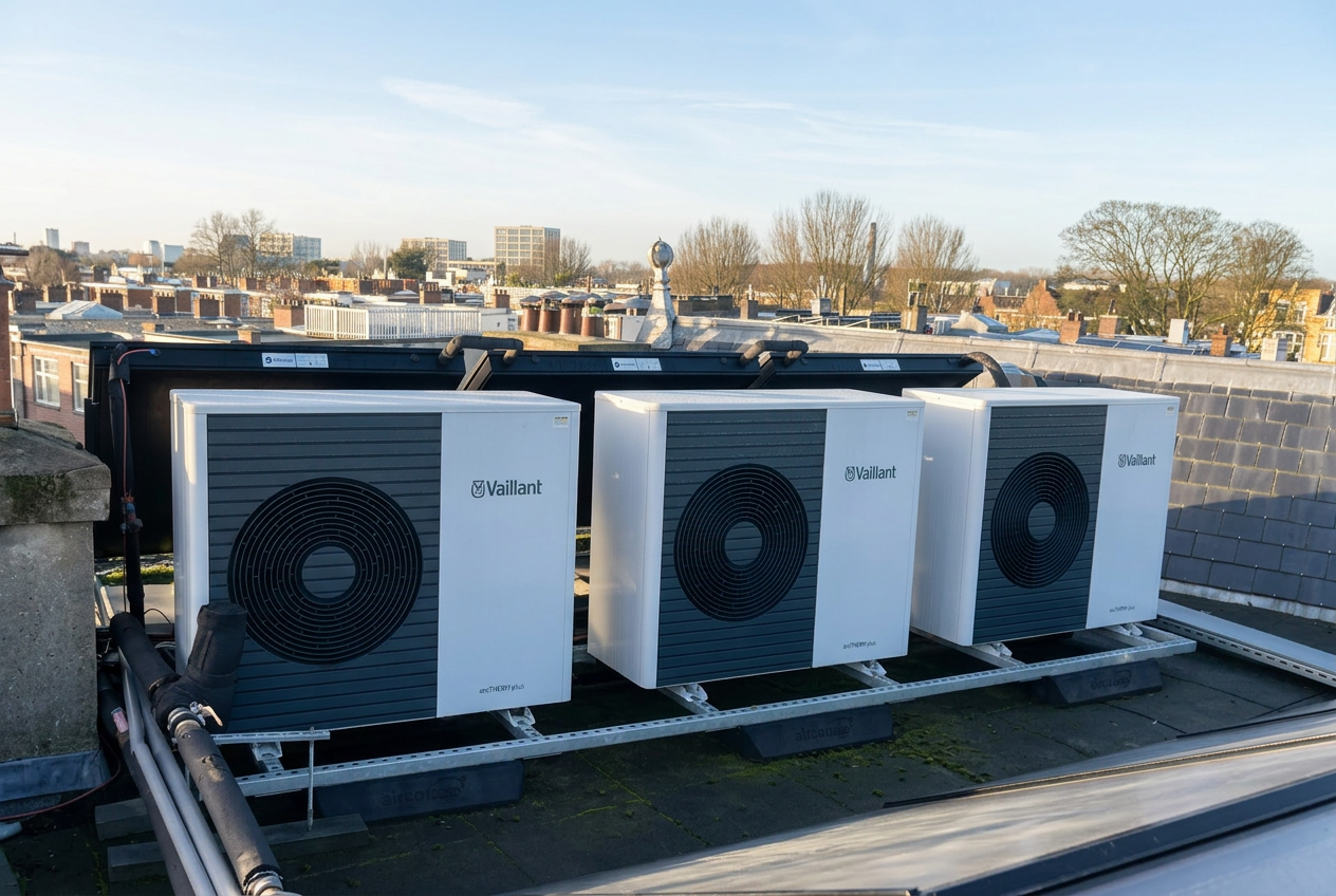 Drie Vaillant aroTHERM plus warmtepompen op een dak — voorbeeld van verduurzaming